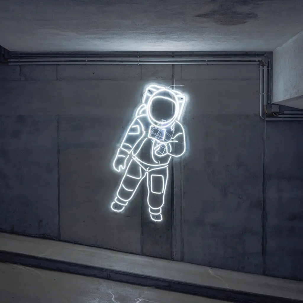 Weiß leuchtende Neonfigur eines Astronauten an einer grauen Betonwand auf dem Union-Gelände Frankfurt.