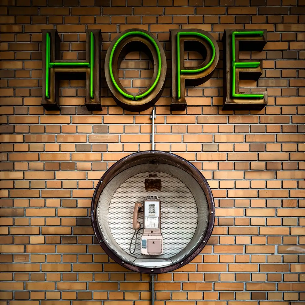 Öffentliches Telefon an einer Backsteinwand unter einem grünen "HOPE"-Neonschriftzug, Union-Gelände Frankfurt.
