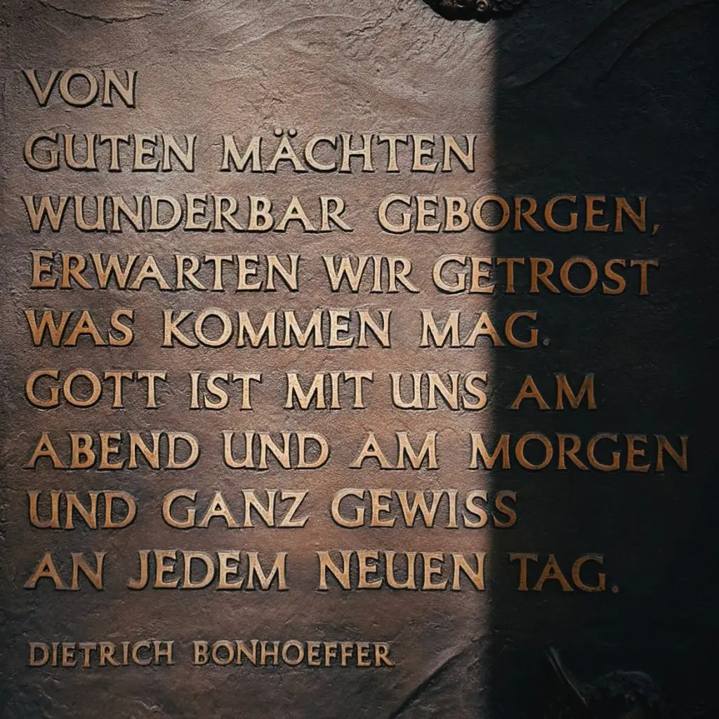 Detailaufnahme Bronzerelief Bonhoeffer-Zitat „Von guten Mächten wunderbar geborgen", Union-Gelände Frankfurt.