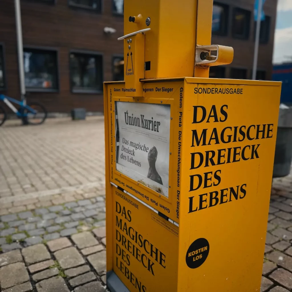 Seitenansicht des gelben Zeitungsautomaten mit dem groß gedruckten Text "Das magische Dreieck des Lebens", Union-Gelände.